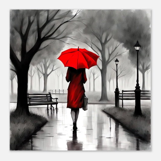 Moderner Forex-Druck - Frau im Park bei Regen - Schwarz-Weiß, KI-Kunst RolConArt