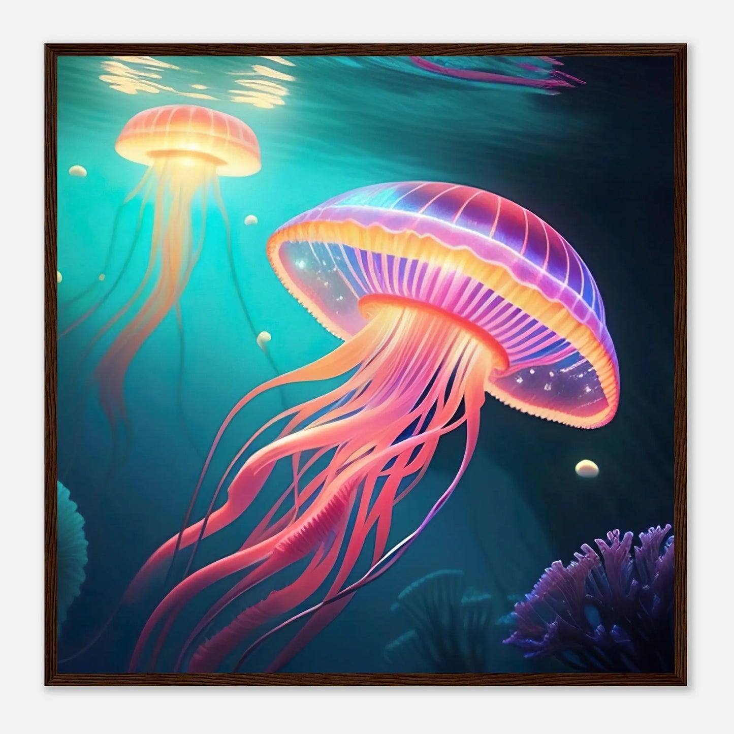 Gerahmtes Premium-Poster - Quallen - Digitaler Stil, KI-Kunst - RolConArt, Unterwasserlandschaften, 70x70-cm-28x28-Dunkler-Holzrahmen