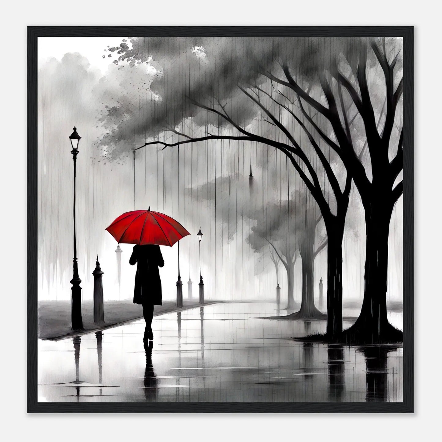 Gerahmtes Premium-Poster - Frau im Park - Schwarz-Weiß, KI-Kunst - RolConArt, Schwarz-Weiß mit Akzentfarben, 50x50-cm-20x20-Schwarzer-Rahmen