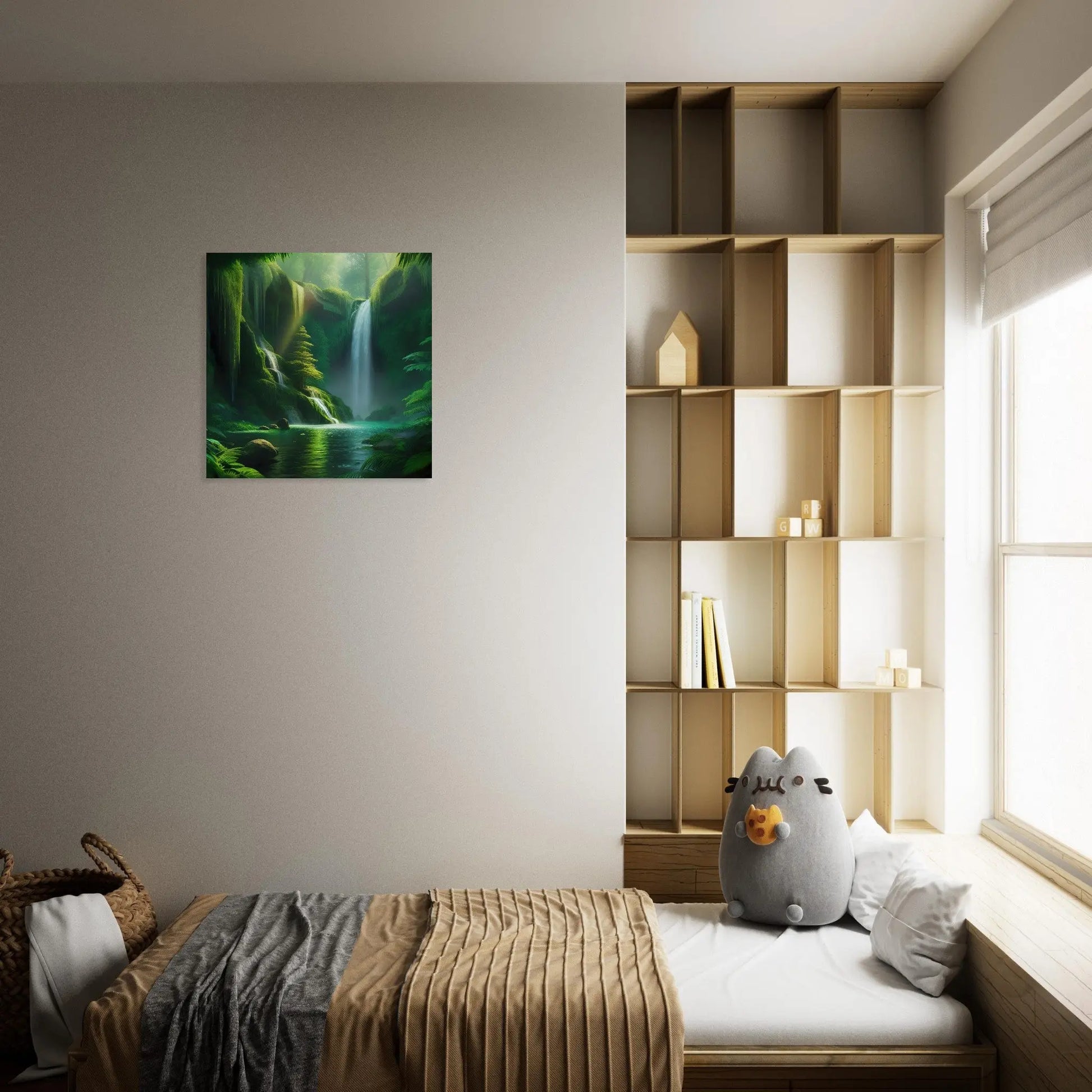 Moderner Forex-Druck - Wasserfall im Wald - Foto Stil, KI-Kunst - RolConArt, Landschaften,