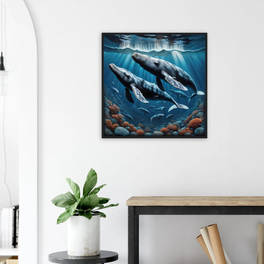 Gerahmtes Premium-Poster - Buckelwale - Digitaler Stil, KI-Kunst - RolConArt, Unterwasserlandschaften,