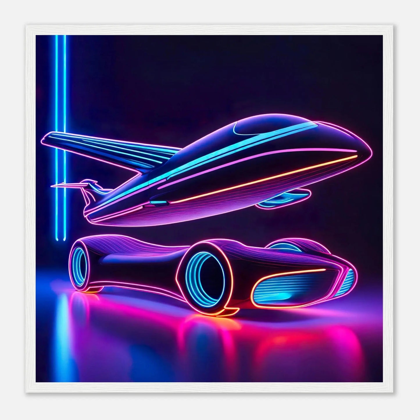 Gerahmtes Premium-Poster -Futuristisches Fahrzeug- Neon Stil, KI-Kunst - RolConArt, Neon, 50x50-cm-20x20-Weißer-Rahmen