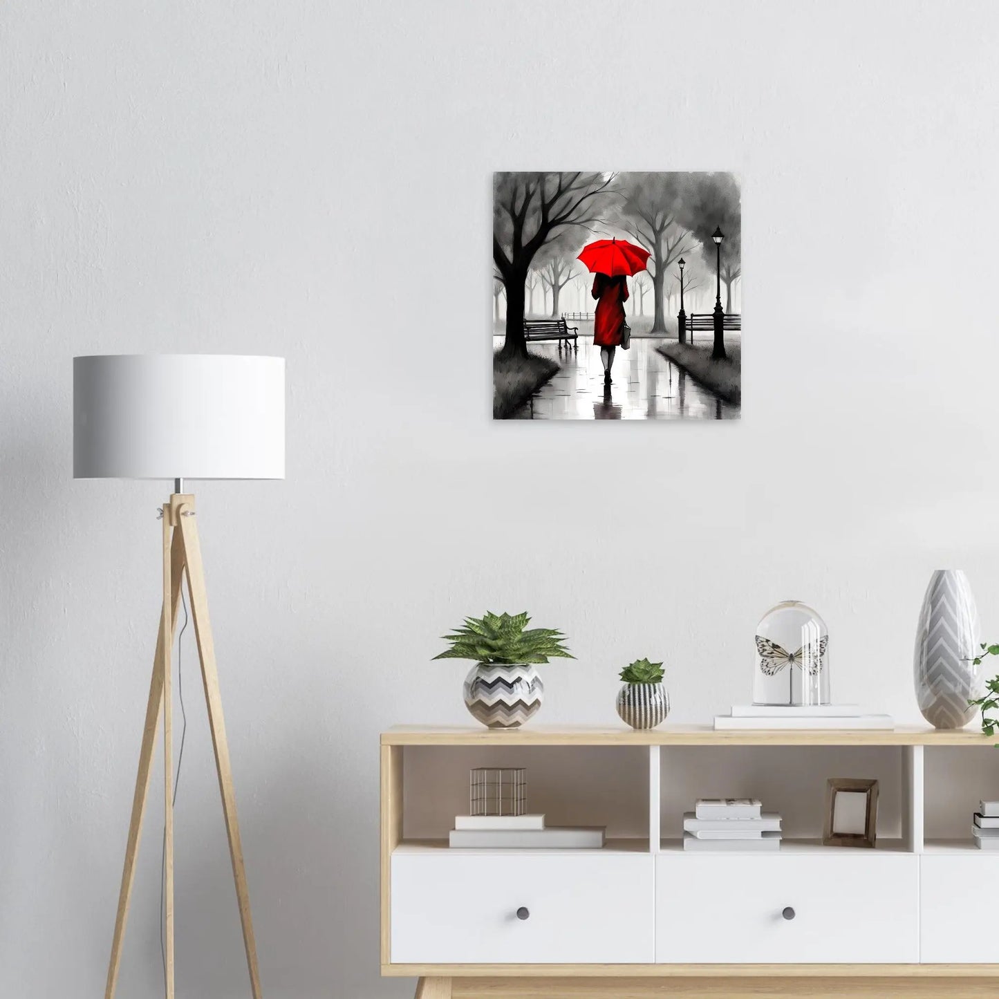 Moderner Forex-Druck - Frau im Park bei Regen - Schwarz-Weiß, KI-Kunst RolConArt