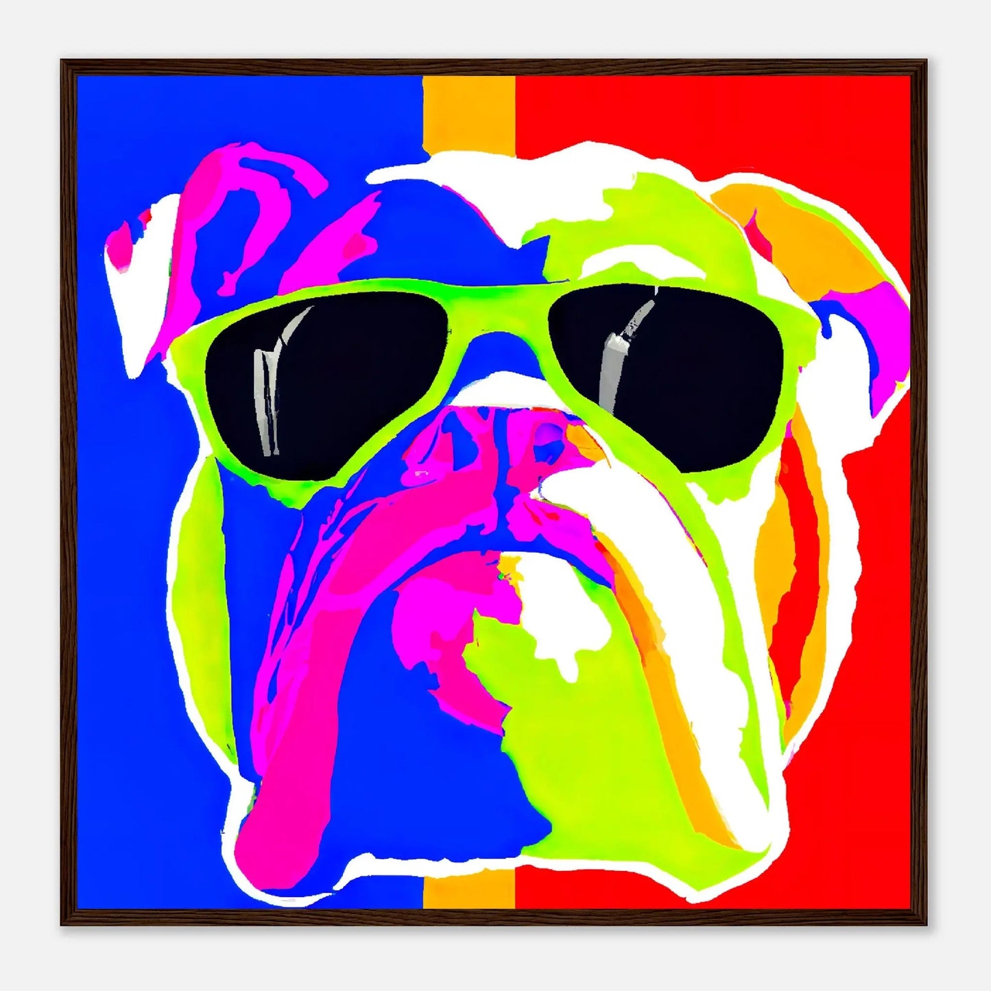 Gerahmtes Premium-Poster - Englische Bulldogge - Pop Art Stil, KI-Kunst - RolConArt, Pop Art - Tiere, 70x70-cm-28x28-Dunkles-Holz