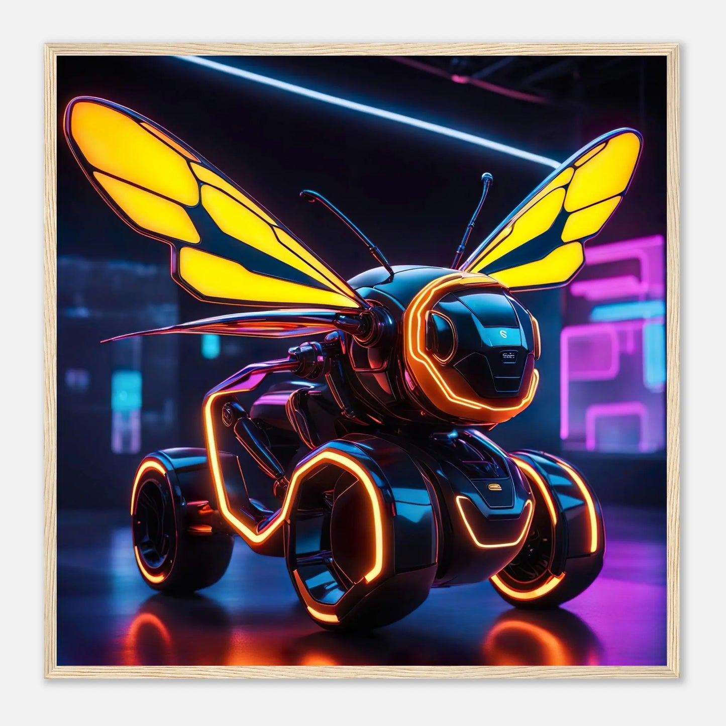 Gerahmtes Premium-Poster -Futuristischer Roboter- Neon Stil, KI-Kunst - RolConArt, Neon, 70x70-cm-28x28-Holzrahmen