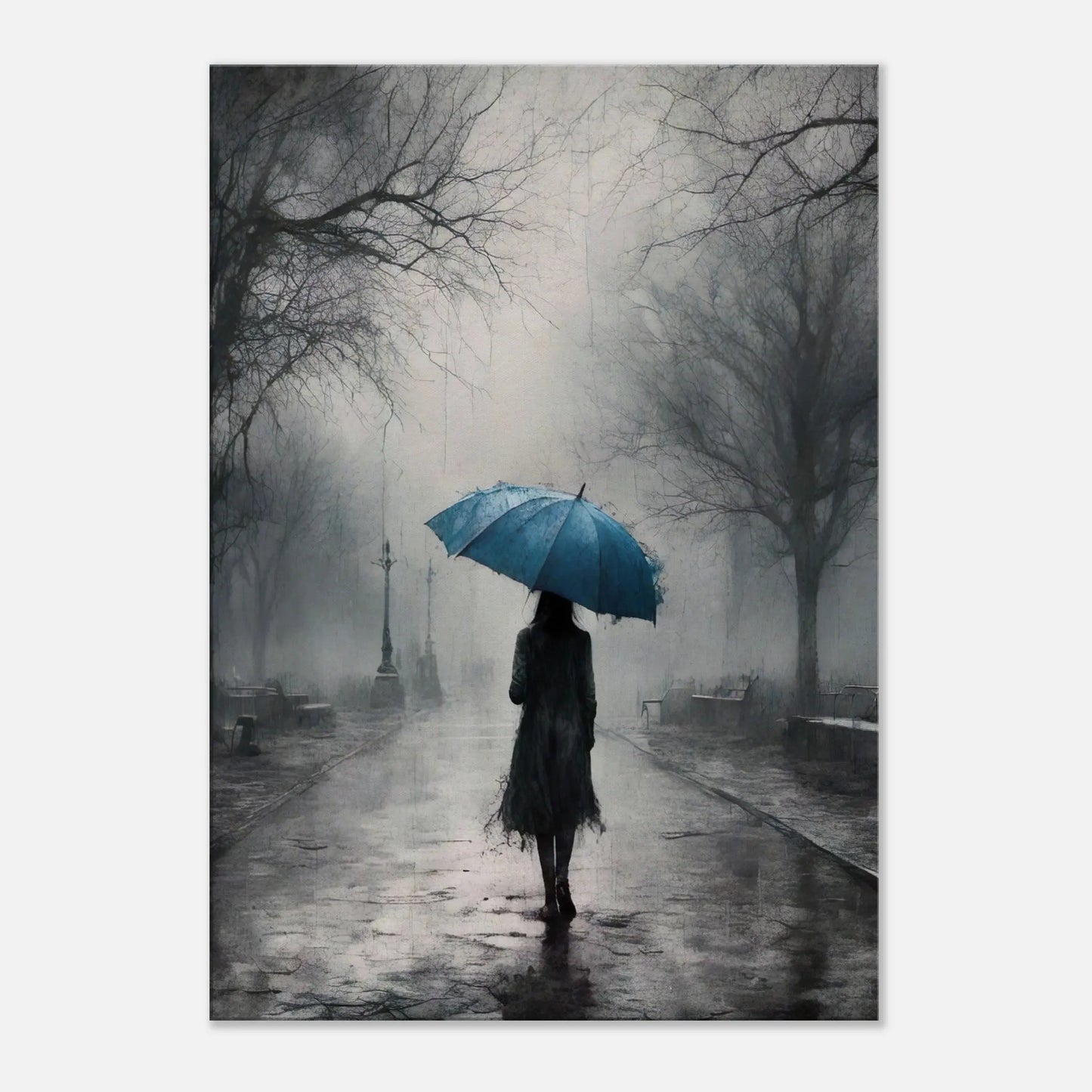 Leinwandbild -Frau mit einem blauen Regenschirm- Schwarz-Weiß, KI-Kunst - RolConArt, Schwarz-Weiß mit Akzentfarben, 70x100-cm-28x40