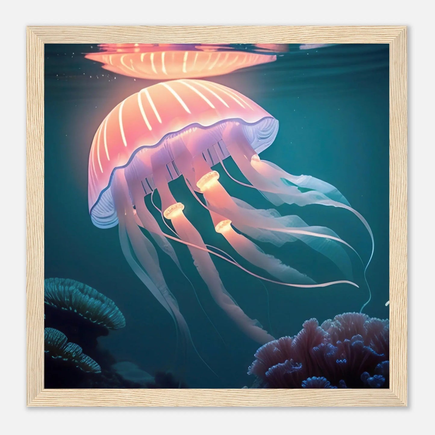Gerahmtes Premium-Poster - Qualle - Digitaler Stil, KI-Kunst - RolConArt, Unterwasserlandschaften, 30x30-cm-12x12-Holzrahmen