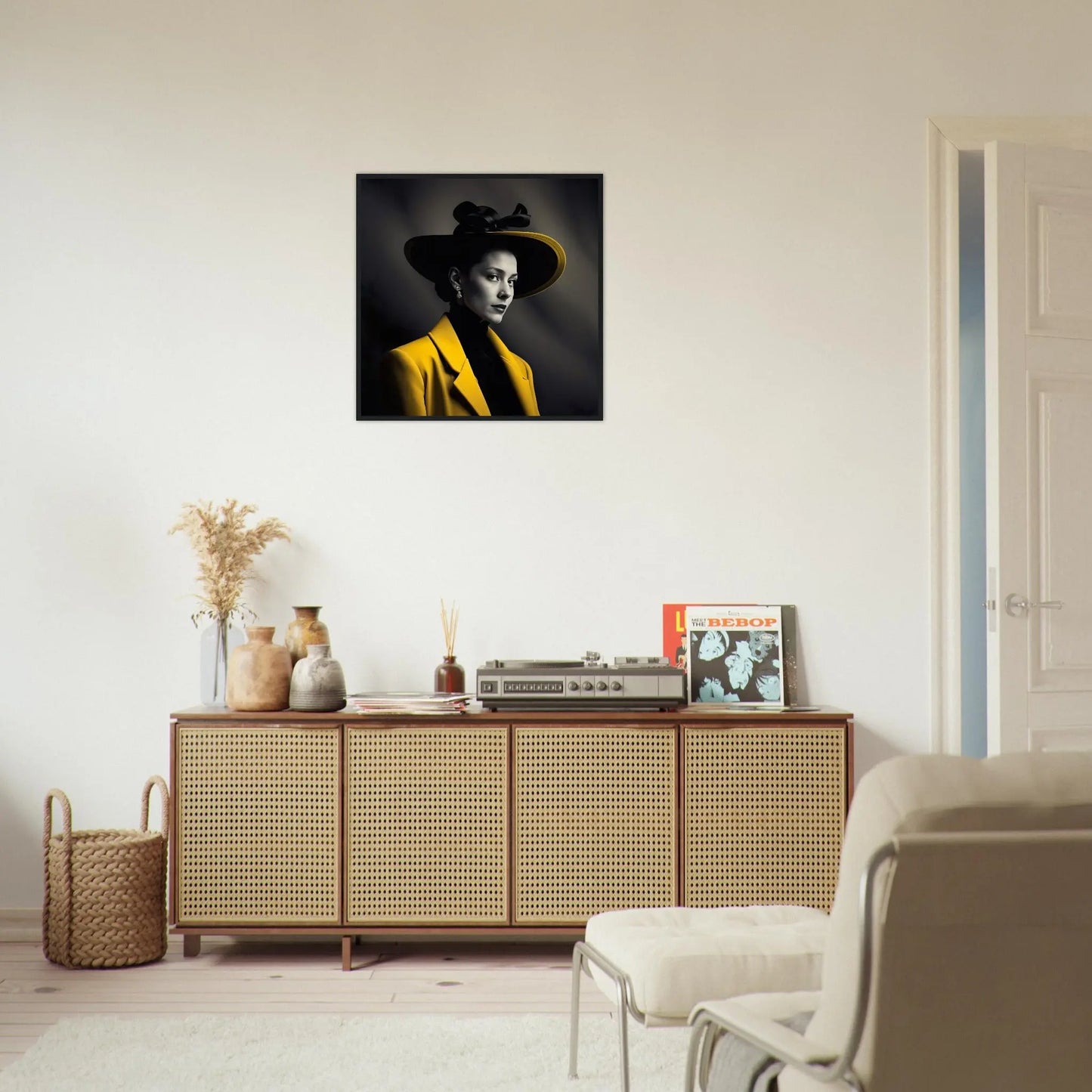 Gerahmtes Premium-Poster - Frau im gelben Mantel - Schwarz-Weiß, KI-Kunst - RolConArt, Schwarz-Weiß mit Akzentfarben,