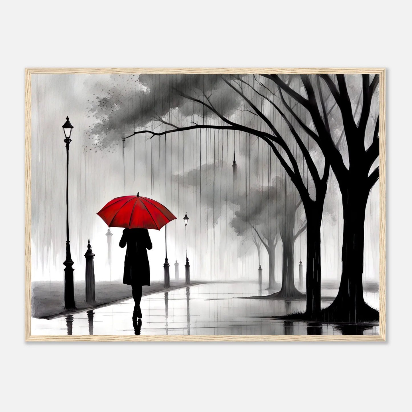 Gerahmtes Premium-Poster - Frau im Park - Schwarz-Weiß, KI-Kunst - RolConArt, Schwarz-Weiß mit Akzentfarben, 60x80-cm-24x32-Holzrahmen