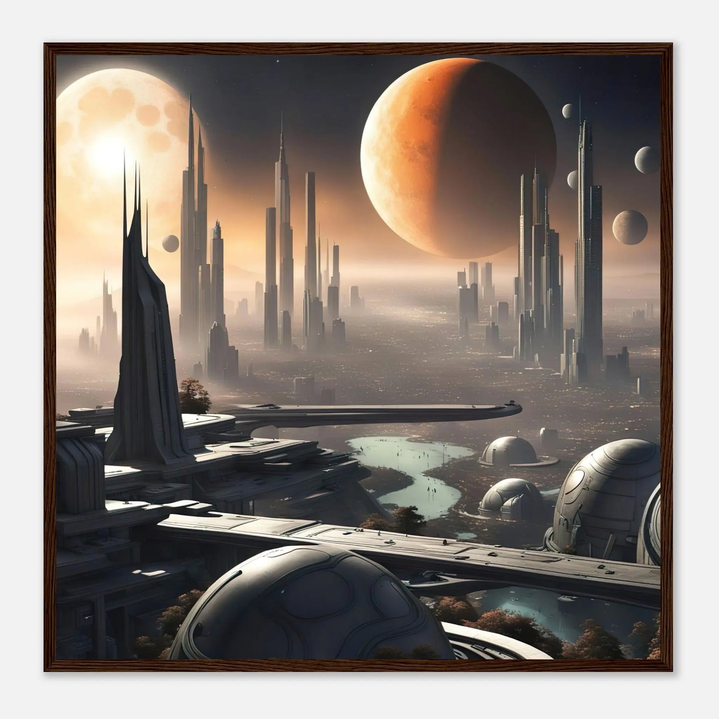 Gerahmtes Premium-Poster -Futuristische Welt- Digitaler Stil, KI-Kunst - RolConArt, Sci-Fi, 70x70-cm-28x28-Dunkler-Holzrahmen
