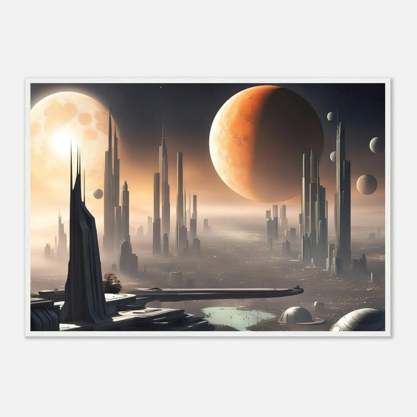 Gerahmtes Premium-Poster -Futuristische Welt- Digitaler Stil, KI-Kunst - RolConArt, Sci-Fi, 70x100-cm-28x40-Weißer-Rahmen