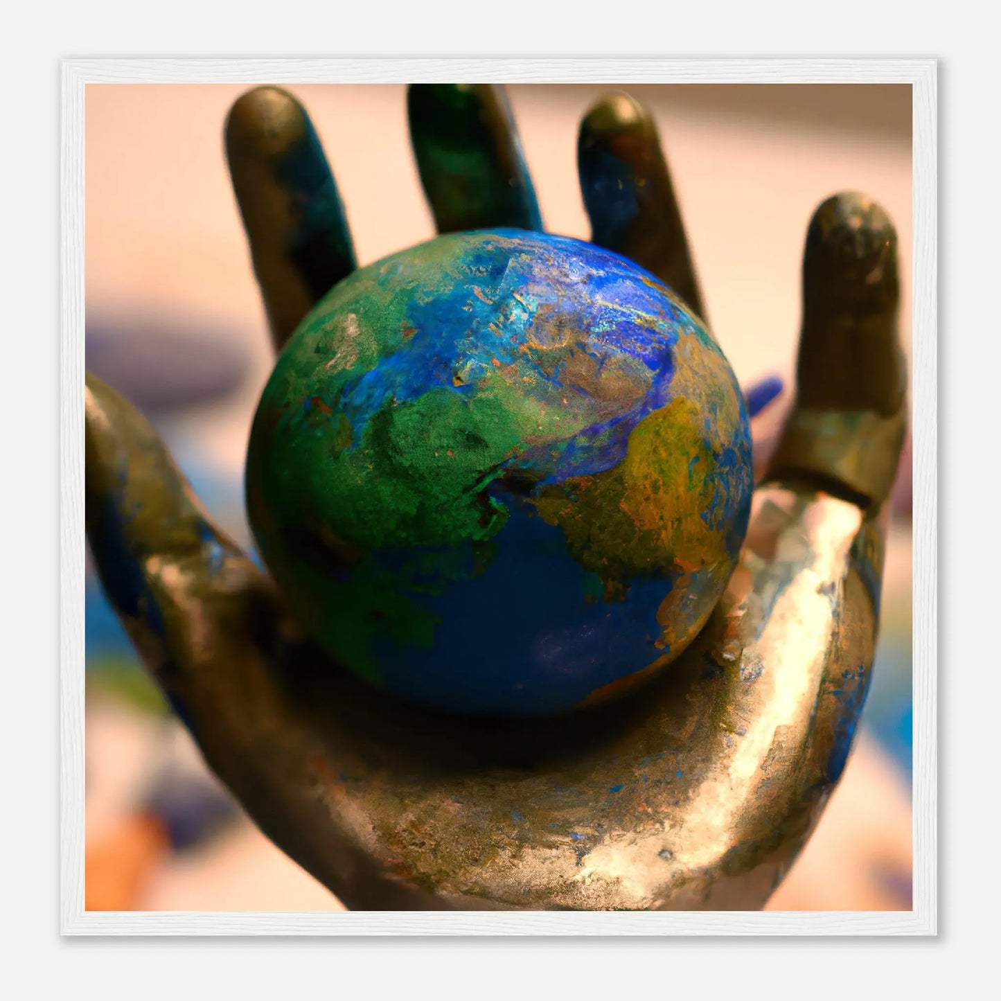 Gerahmtes Premium-Poster - Planet in der Hand - Foto Stil, KI-Kunst - RolConArt, Fotokunst - Kreative Vielfalt, 50x50-cm-20x20-Weiß