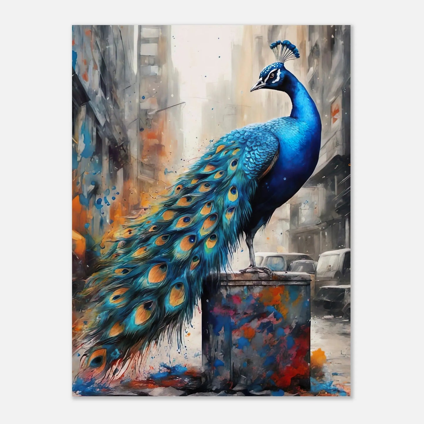 Aluminiumdruck - Blauer Pfau - Splash Art Stil, KI-Kunst RolConArt