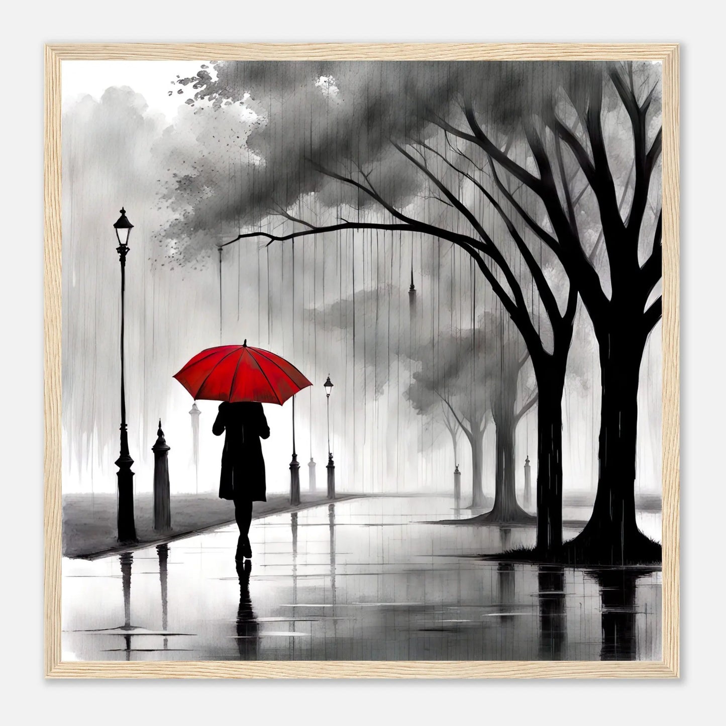 Gerahmtes Premium-Poster - Frau im Park - Schwarz-Weiß, KI-Kunst - RolConArt, Schwarz-Weiß mit Akzentfarben, 50x50-cm-20x20-Holzrahmen