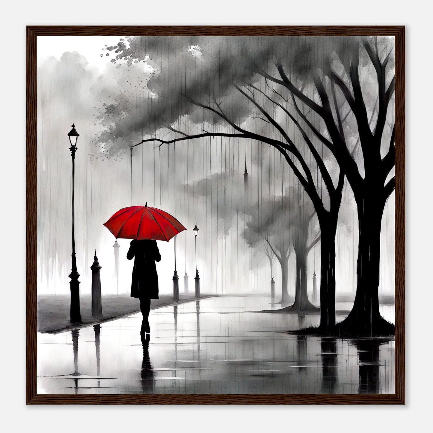 Gerahmtes Premium-Poster - Frau im Park - Schwarz-Weiß, KI-Kunst - RolConArt, Schwarz-Weiß mit Akzentfarben, 50x50-cm-20x20-Dunkler-Holzrahmen