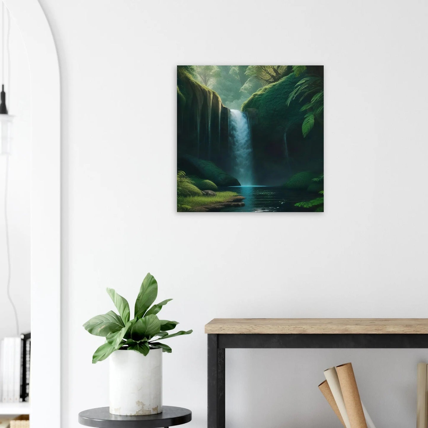 Moderner Forex-Druck - Wasserfall im Wald - Foto Stil, KI-Kunst - RolConArt, Landschaften, 60x60-cm-24x24-Weiß