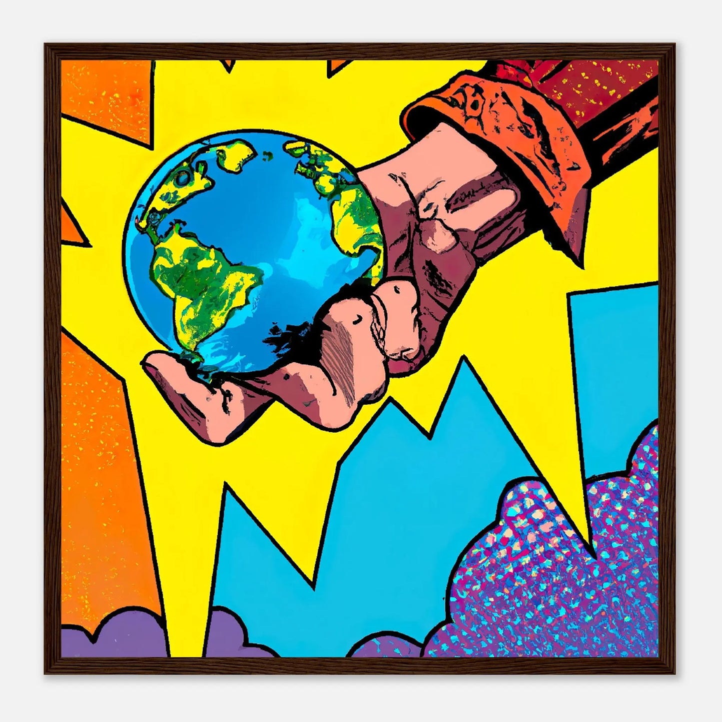 Gerahmtes Premium-Poster - Planet in der Hand - Cartoon Stil, KI-Kunst - RolConArt, Cartoon, 50x50-cm-20x20-Dunkles-Holz