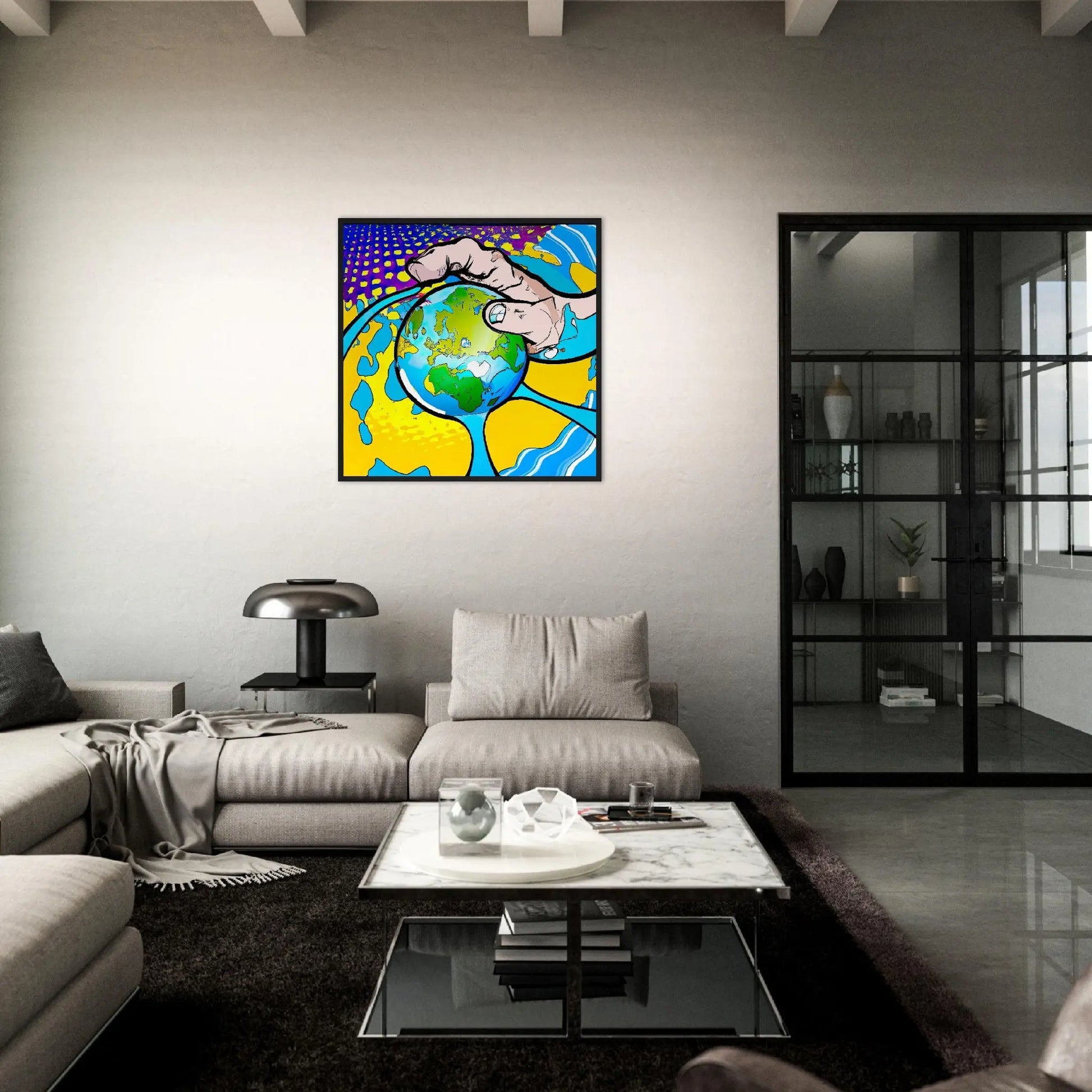 Gerahmtes Premium-Poster - Planet in der Hand - Cartoon Stil, KI-Kunst - RolConArt, Cartoon,