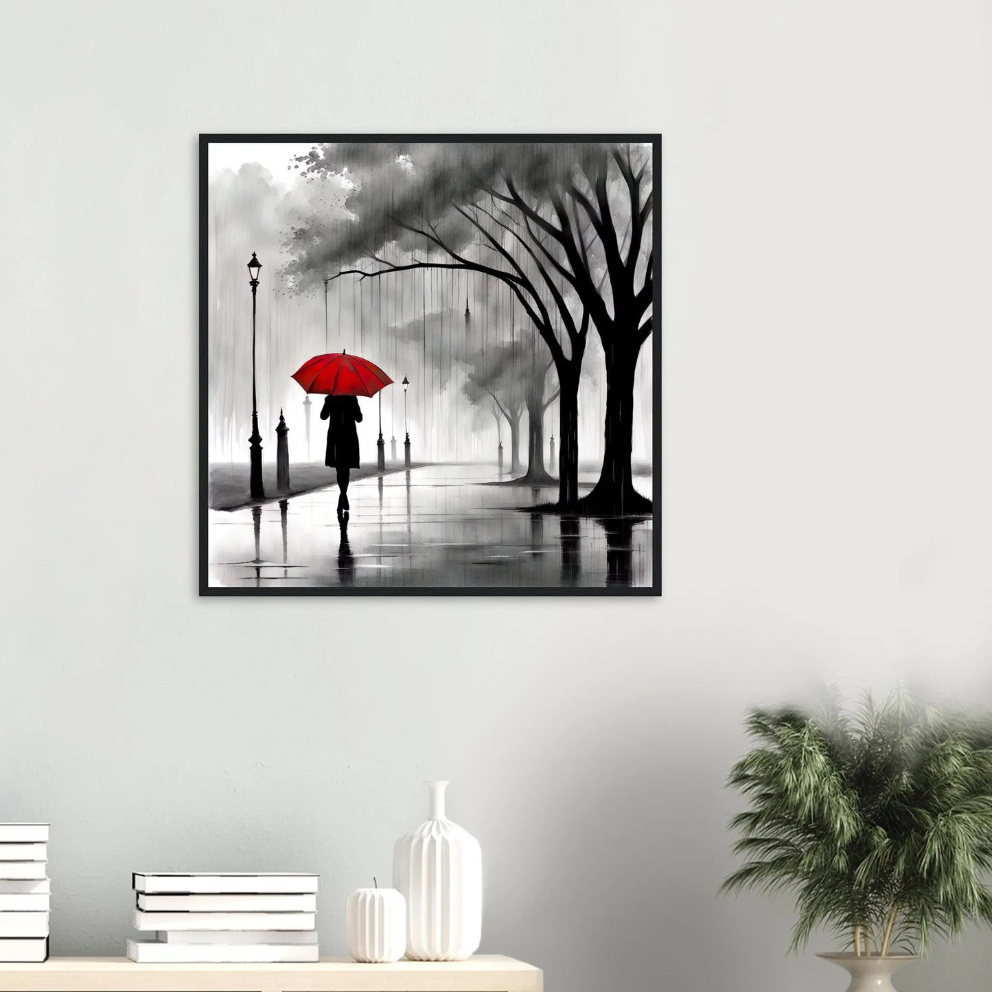 Gerahmtes Premium-Poster - Frau im Park - Schwarz-Weiß, KI-Kunst - RolConArt, Schwarz-Weiß mit Akzentfarben,
