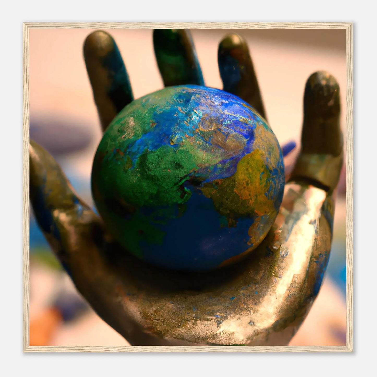 Gerahmtes Premium-Poster - Planet in der Hand - Foto Stil, KI-Kunst - RolConArt, Fotokunst - Kreative Vielfalt, 70x70-cm-28x28-Holz