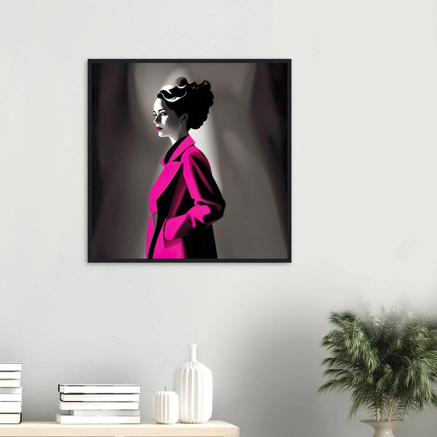 Gerahmtes Premium-Poster - Frau im rosa Mantel - Schwarz-Weiß, KI-Kunst - RolConArt, Schwarz-Weiß mit Akzentfarben,
