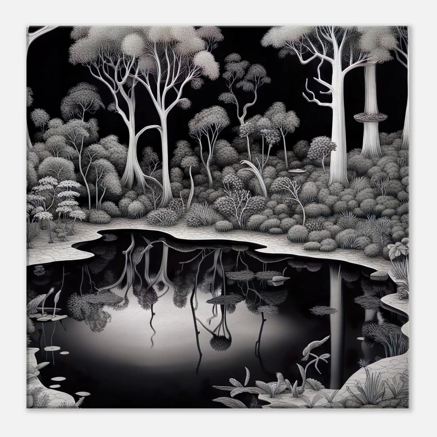 Leinwandbild -Garten mit Teich- Schwarz-Weiß, Digitaler Stil, KI-Kunst - RolConArt, Schwarz-Weiß, 50x50-cm-20x20
