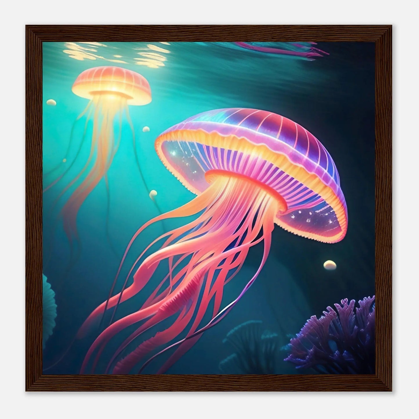 Gerahmtes Premium-Poster - Quallen - Digitaler Stil, KI-Kunst - RolConArt, Unterwasserlandschaften, 30x30-cm-12x12-Dunkler-Holzrahmen