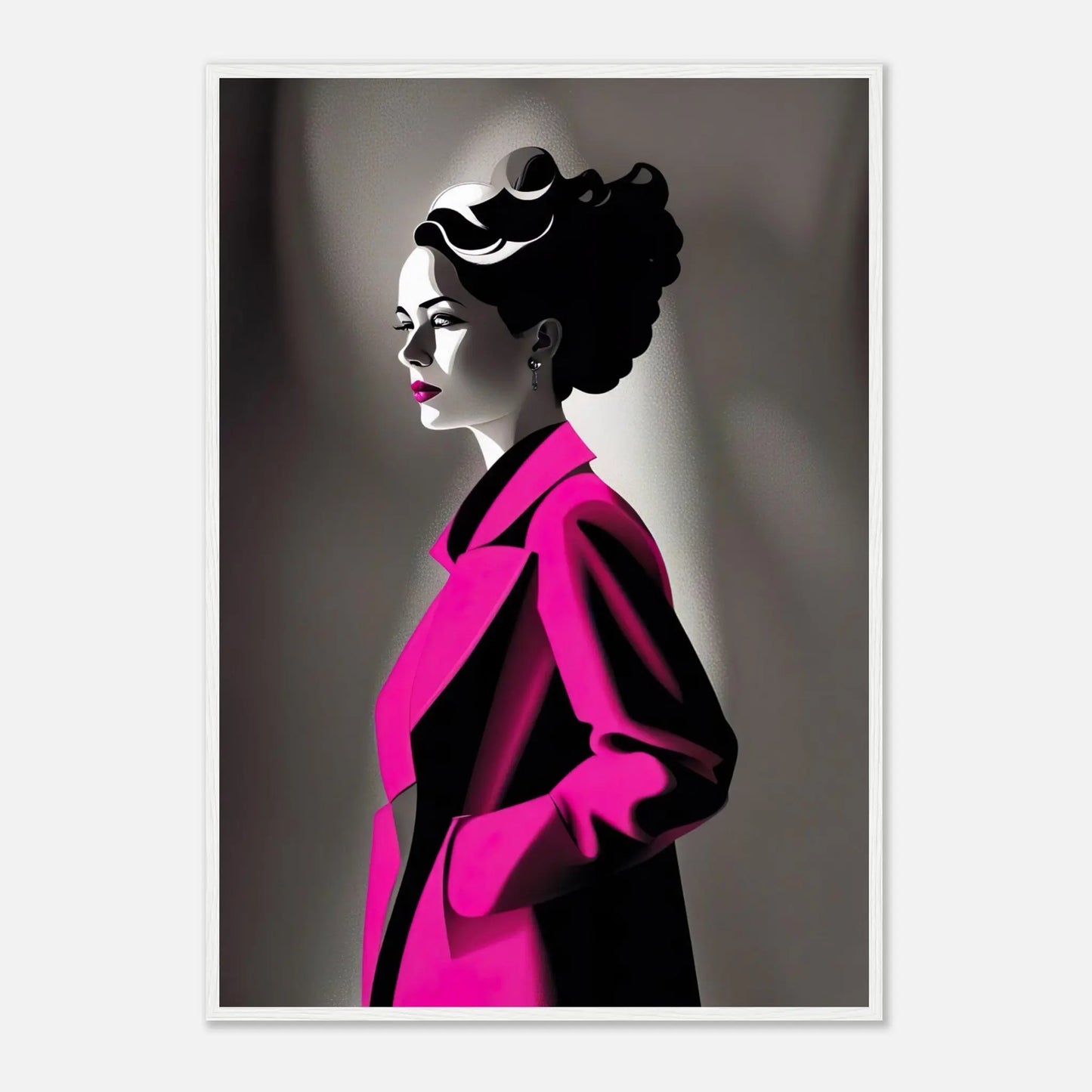 Gerahmtes Premium-Poster - Frau im rosa Mantel - Schwarz-Weiß, KI-Kunst - RolConArt, Schwarz-Weiß mit Akzentfarben, 70x100-cm-28x40-Weißer-Rahmen