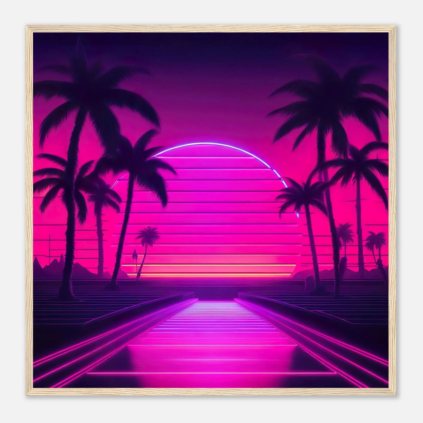 Gerahmtes Premium-Poster - Straße und Palmen - Neon Stil, KI-Kunst - RolConArt, Neon, 70x70-cm-28x28-Holzrahmen