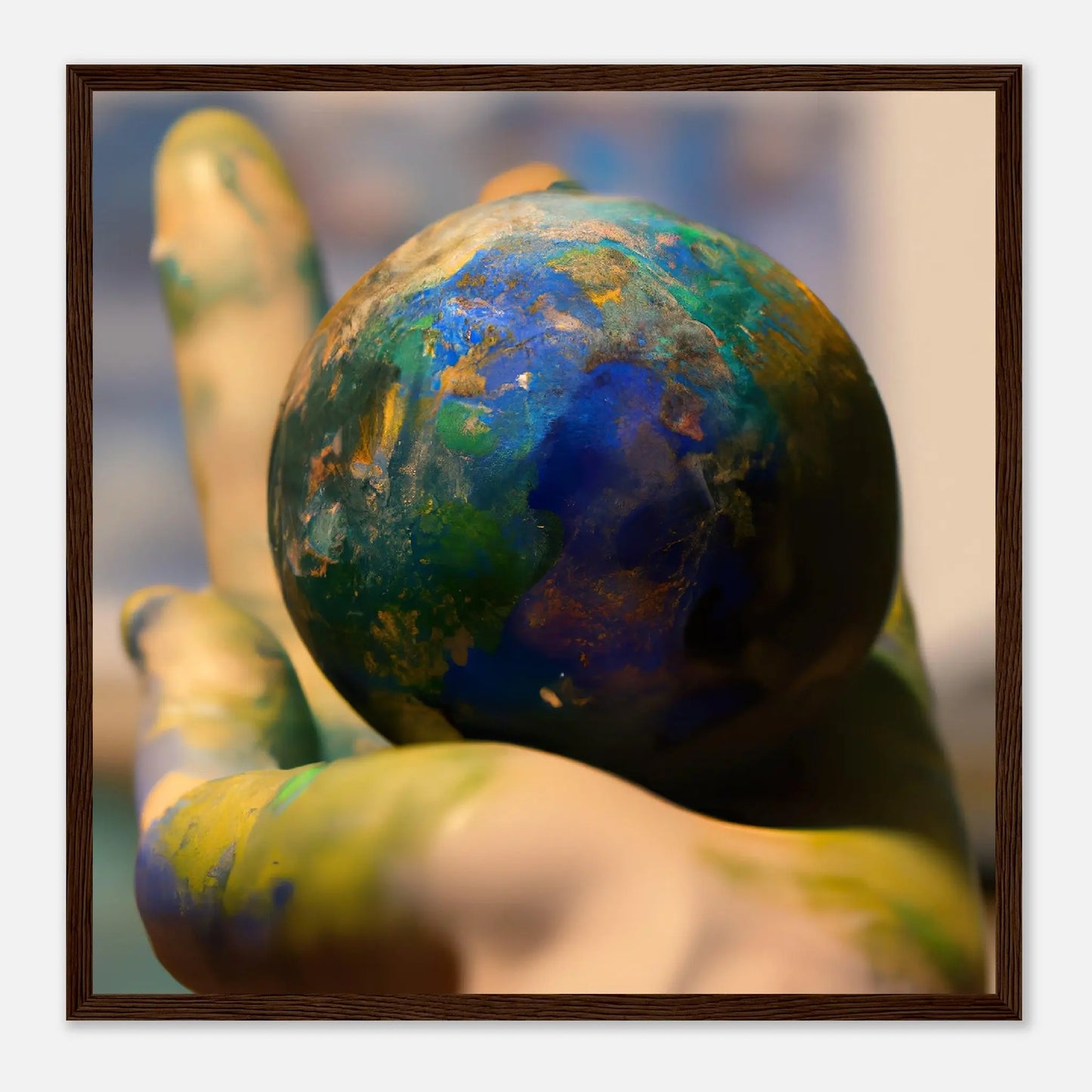 Gerahmtes Premium-Poster - Planet in der Hand - Foto Stil, KI-Kunst - RolConArt, Fotokunst - Kreative Vielfalt, 50x50-cm-20x20-Dunkles-Holz