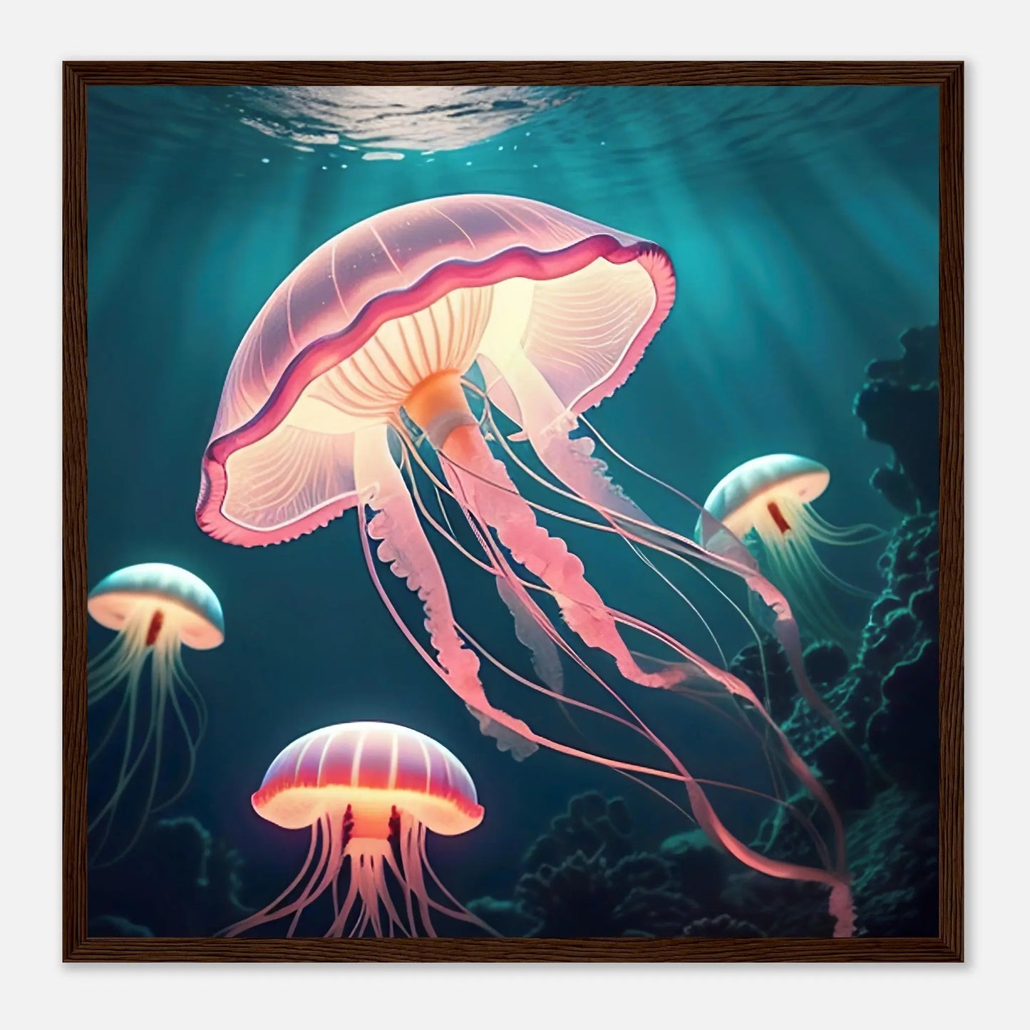 Gerahmtes Premium-Poster - Quallen - Digitaler Stil, KI-Kunst - RolConArt, Unterwasserlandschaften, 50x50-cm-20x20-Dunkler-Holzrahmen