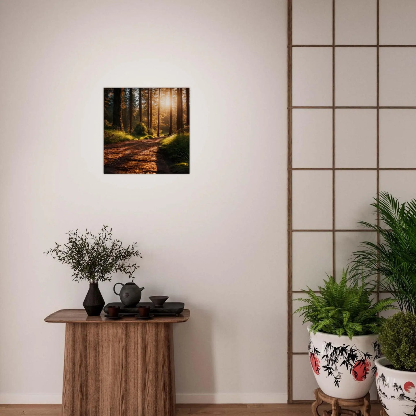 Moderner Forex-Druck - Holzweg im Wald - Foto Stil, KI-Kunst - RolConArt, Landschaften,