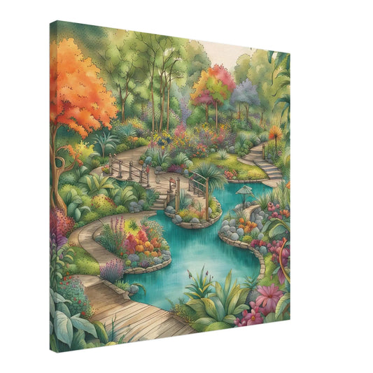 Leinwandbild - Garten mit Teich - Malerischer Stil, KI-Kunst - RolConArt, Landschaften,