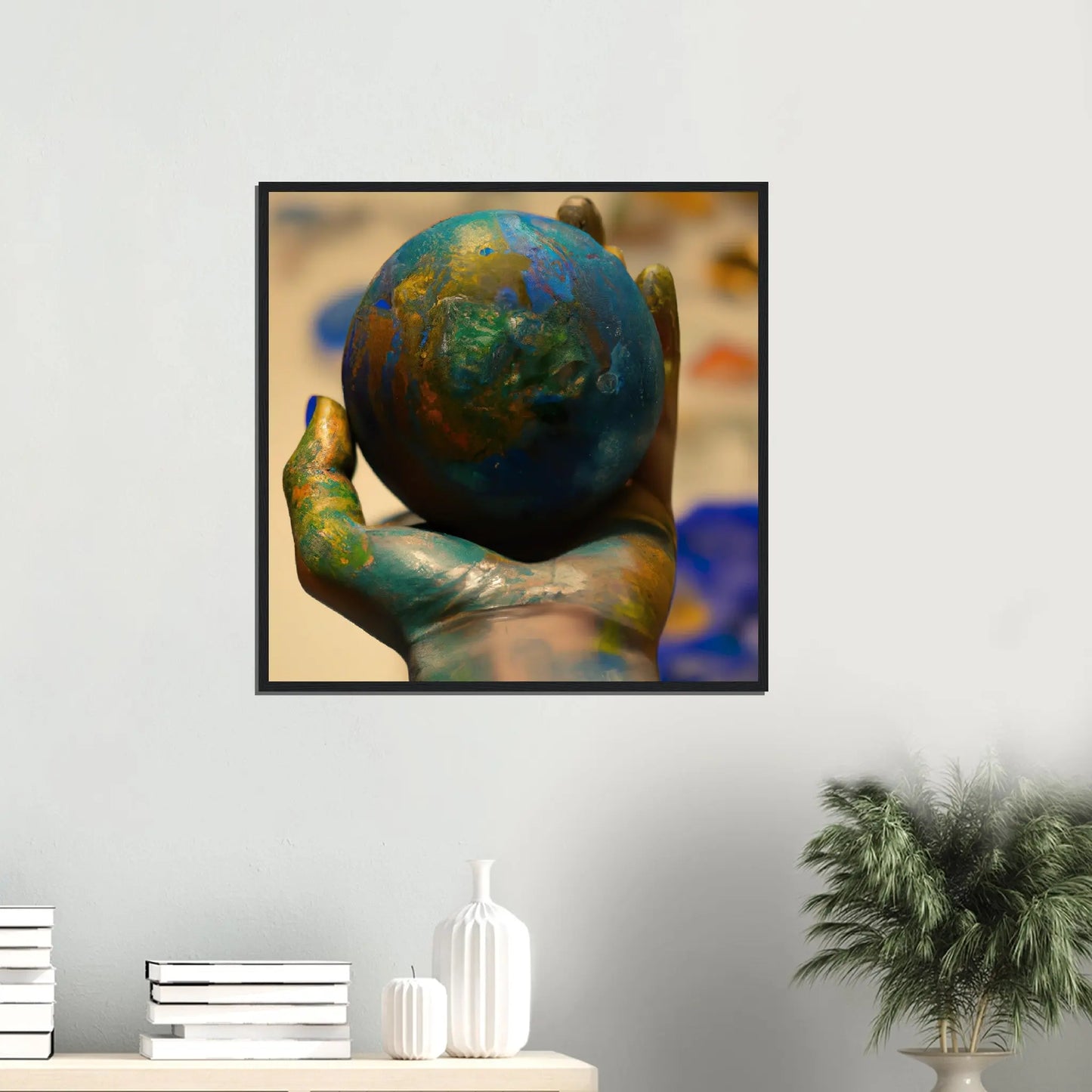 Gerahmtes Premium-Poster - Planet in der Hand - Foto Stil, KI-Kunst - RolConArt, Fotokunst - Kreative Vielfalt,