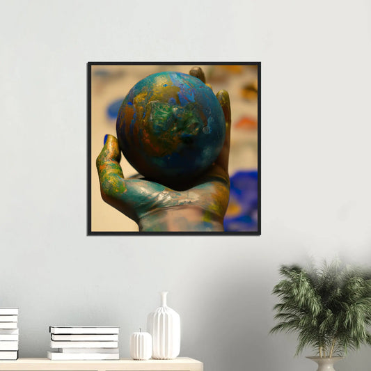 Gerahmtes Premium-Poster - Planet in der Hand - Foto Stil, KI-Kunst - RolConArt, Fotokunst - Kreative Vielfalt,