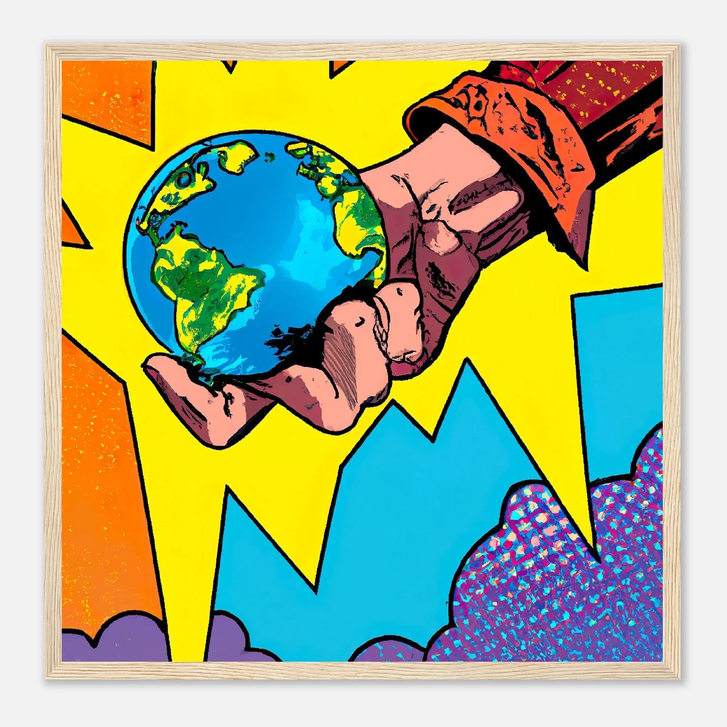 Gerahmtes Premium-Poster - Planet in der Hand - Cartoon Stil, KI-Kunst - RolConArt, Cartoon, 50x50-cm-20x20-Holz