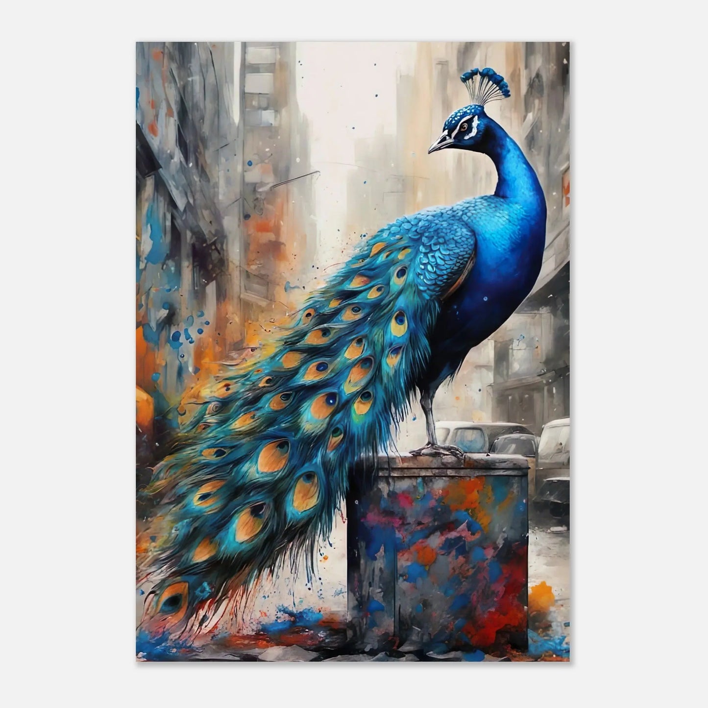 Aluminiumdruck - Blauer Pfau - Splash Art Stil, KI-Kunst RolConArt