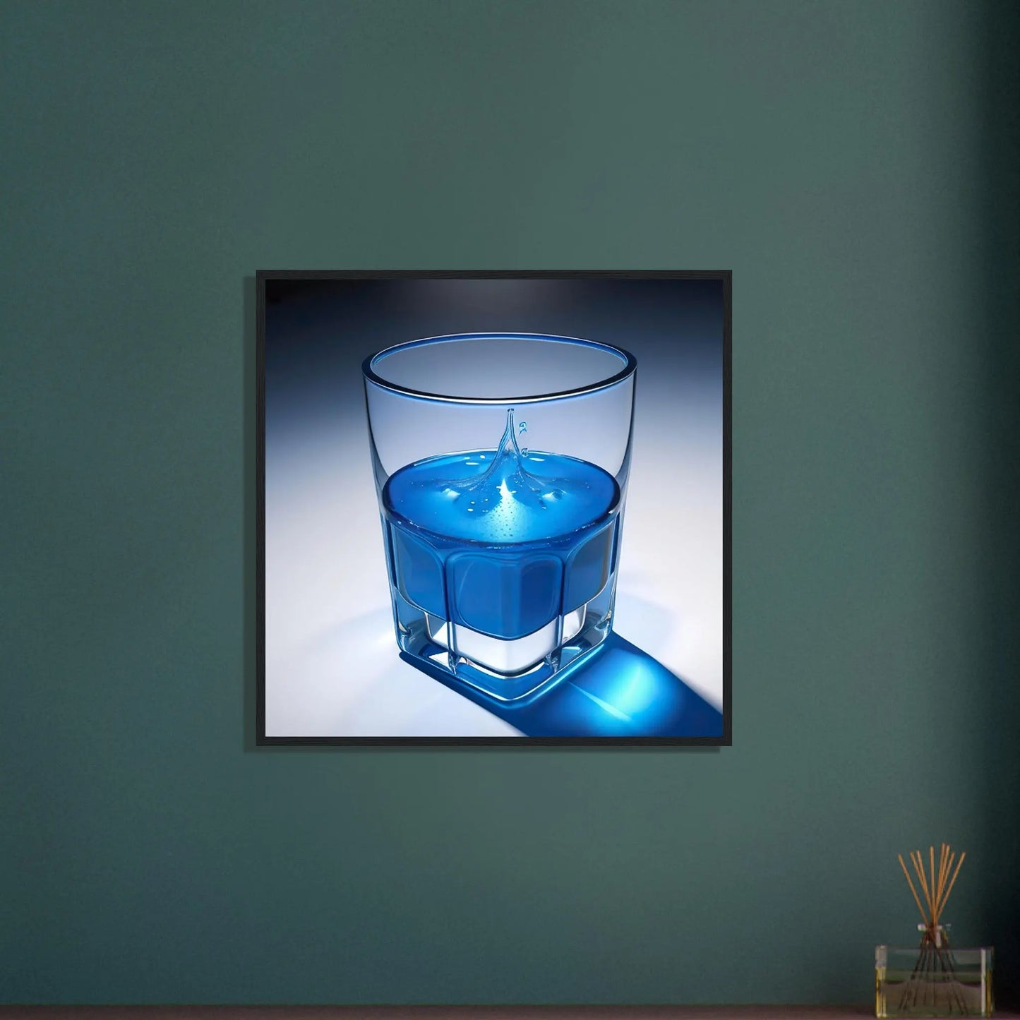 Gerahmtes Premium-Poster - Glas mit blauem Trank - Foto Stil, KI-Kunst - RolConArt, Kreative Vielfalt,