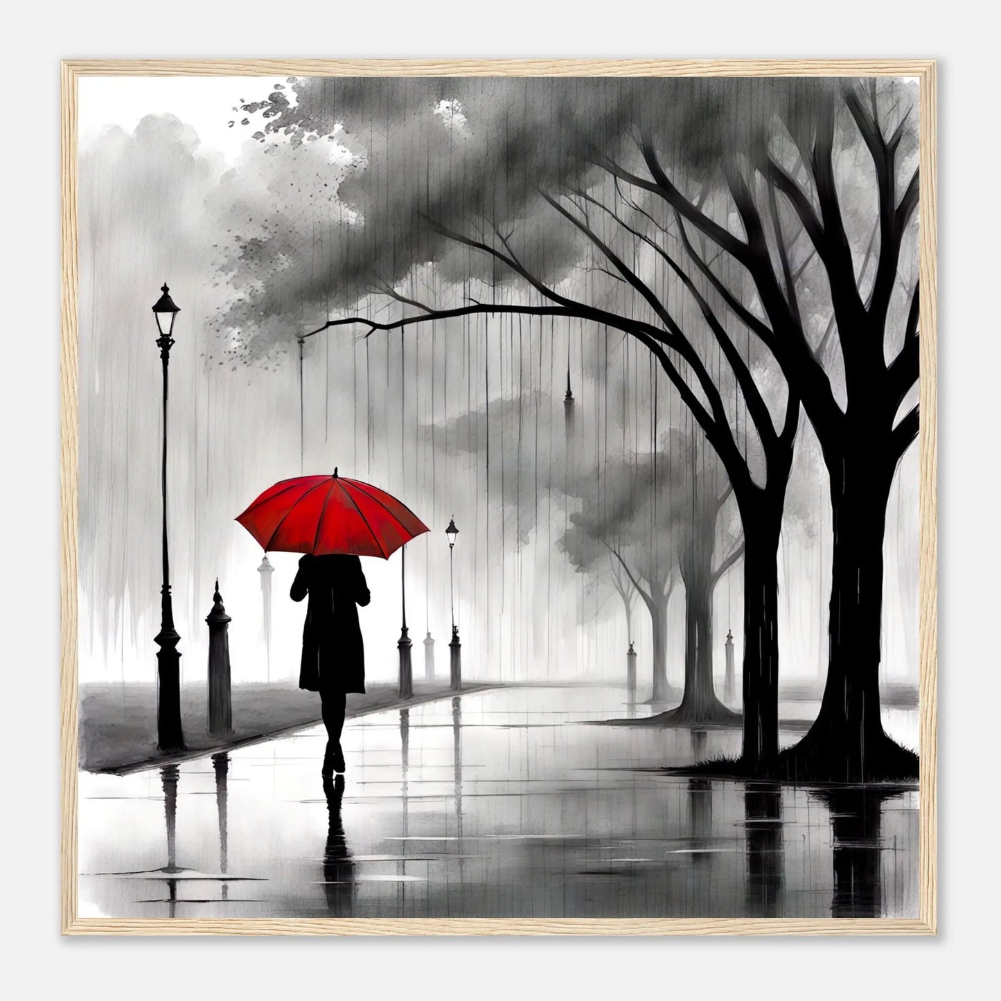 Gerahmtes Premium-Poster - Frau im Park - Schwarz-Weiß, KI-Kunst - RolConArt, Schwarz-Weiß mit Akzentfarben, 70x70-cm-28x28-Holzrahmen