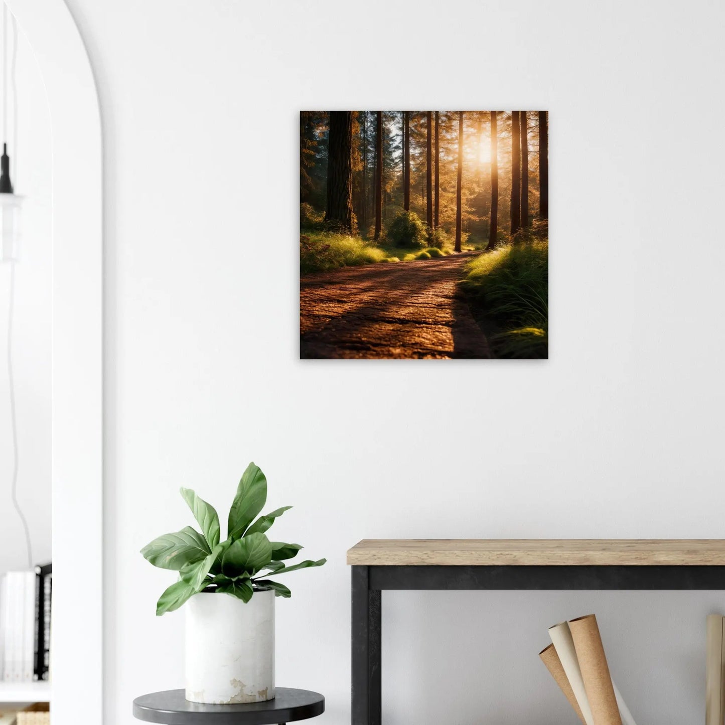 Moderner Forex-Druck - Holzweg im Wald - Foto Stil, KI-Kunst - RolConArt, Landschaften, 60x60-cm-24x24-Schwarz