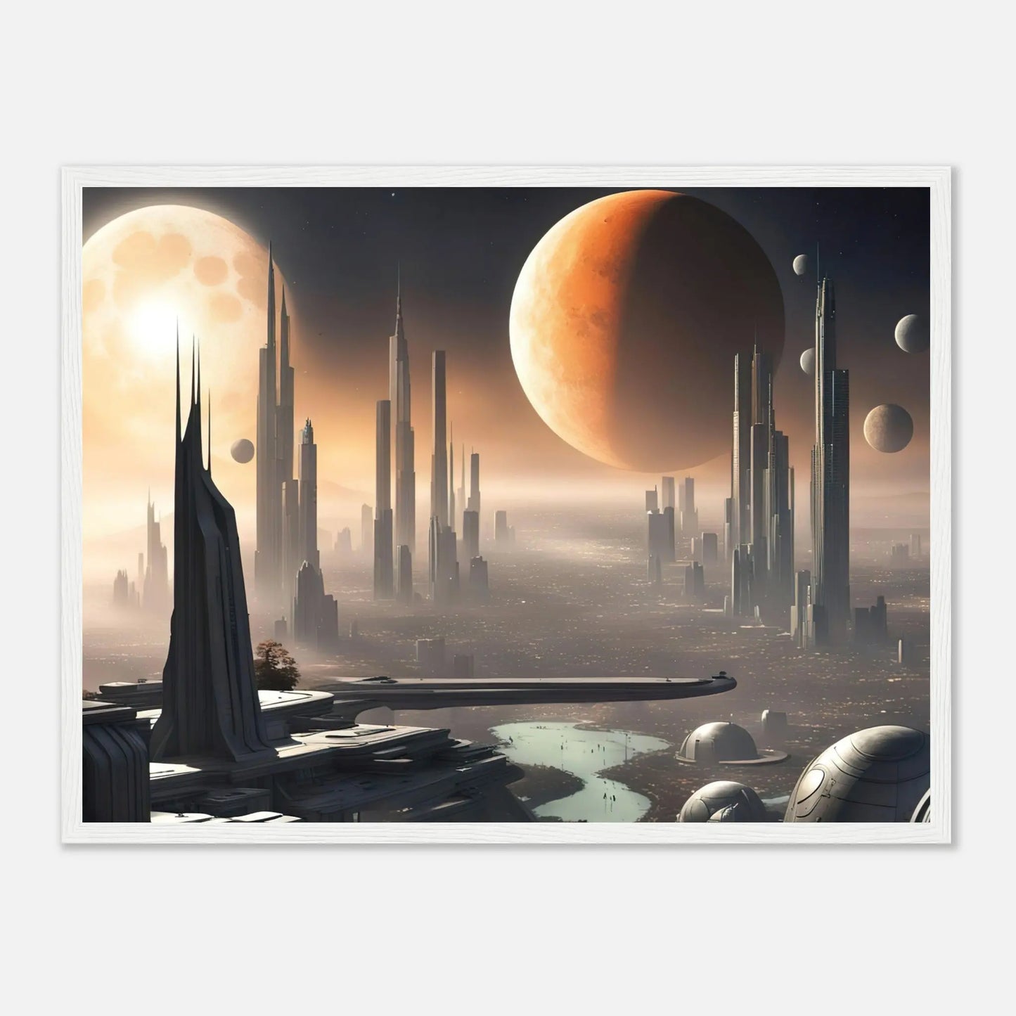 Gerahmtes Premium-Poster -Futuristische Welt- Digitaler Stil, KI-Kunst - RolConArt, Sci-Fi, 45x60-cm-18x24-Weißer-Rahmen
