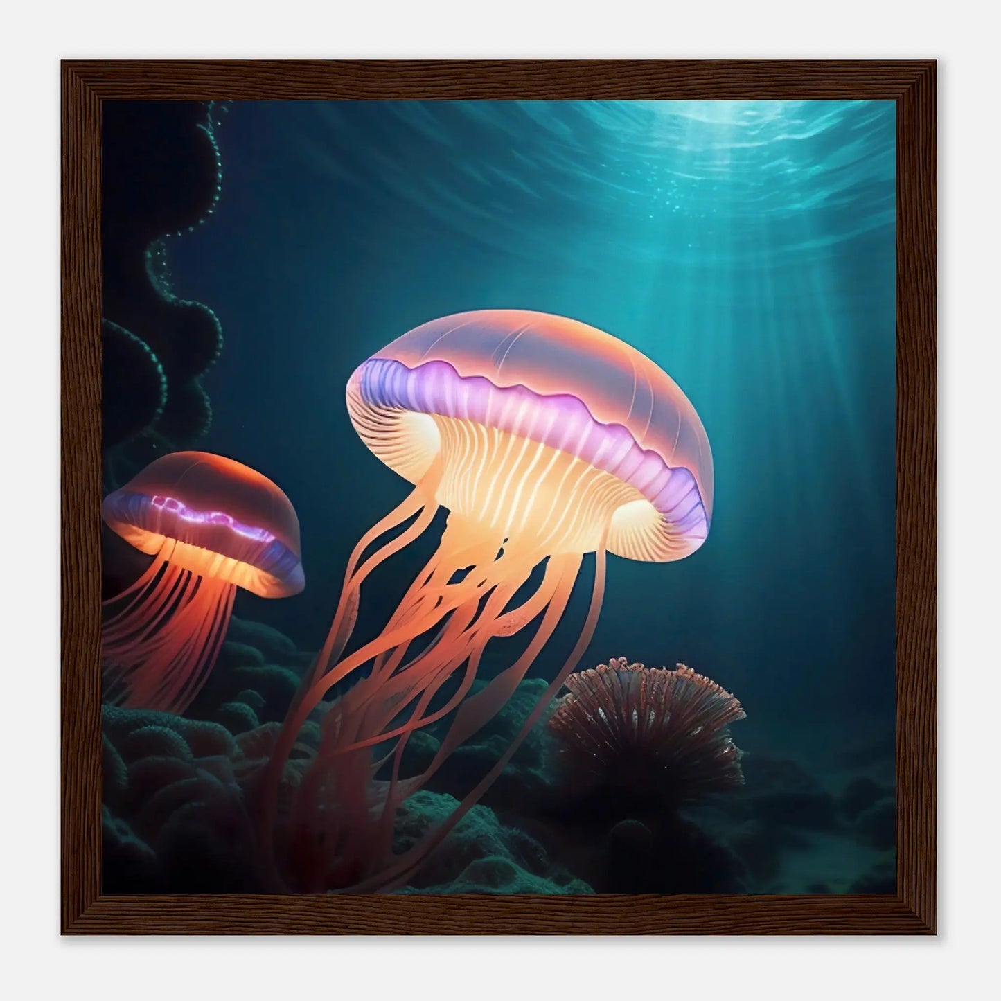 Gerahmtes Premium-Poster - Quallen - Digitaler Stil, KI-Kunst - RolConArt, Unterwasserlandschaften, 30x30-cm-12x12-Dunkler-Holzrahmen