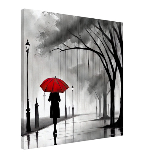 Leinwandbild - Frau mit rotem Regenschirm  - Schwarz-Weiß, KI-Kunst - RolConArt, Schwarz-Weiß mit Akzentfarben,