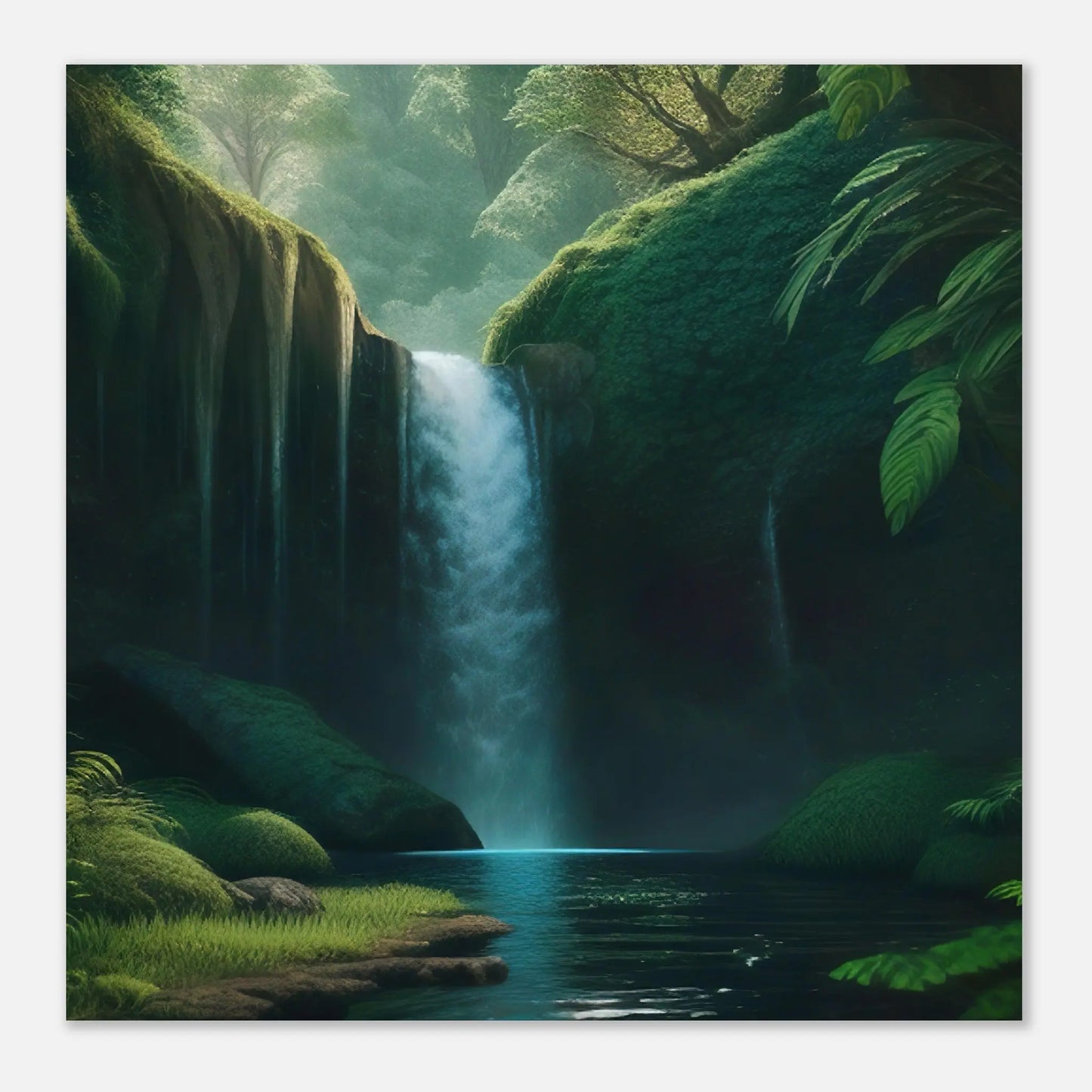 Moderner Forex-Druck - Wasserfall im Wald - Foto Stil, KI-Kunst - RolConArt, Landschaften,