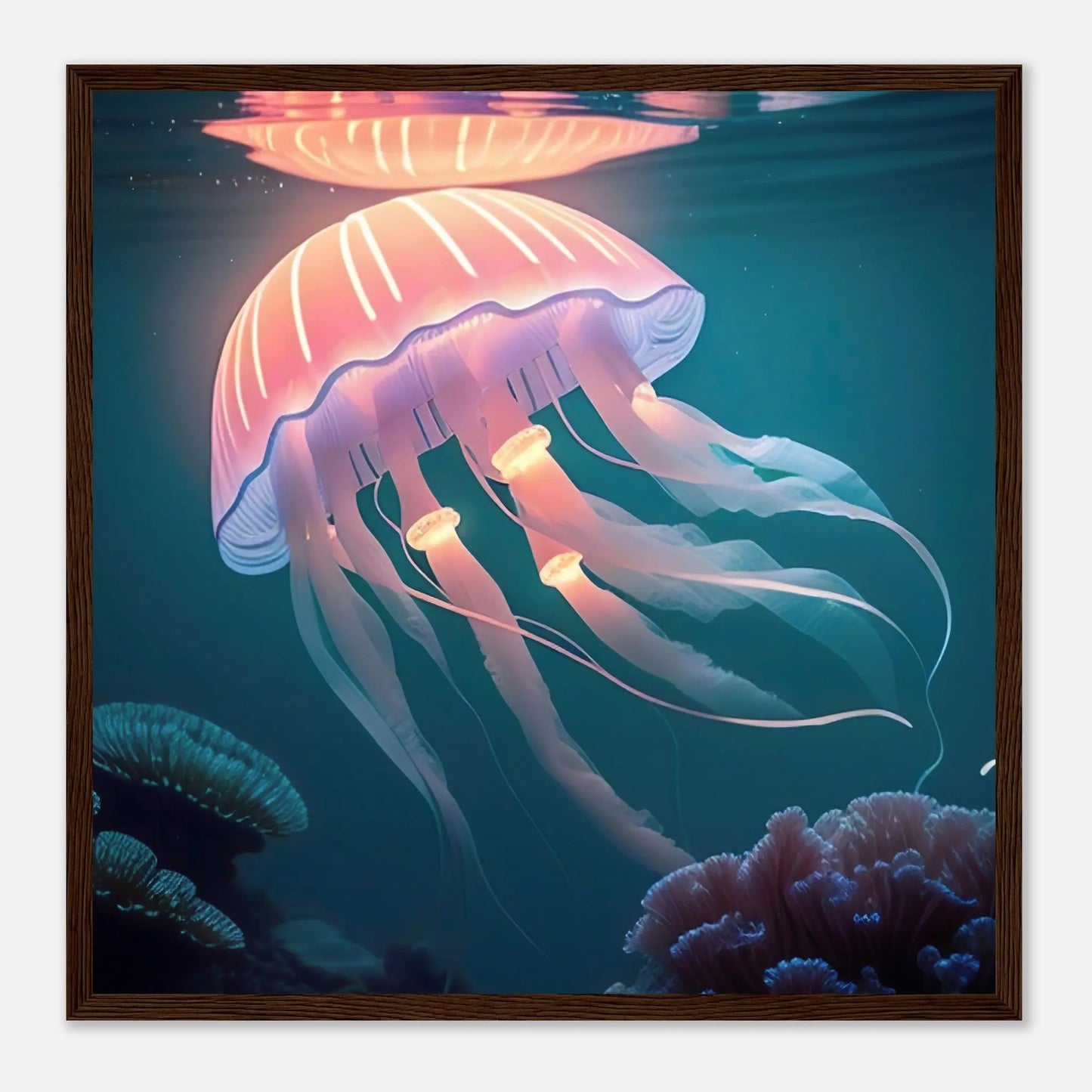 Gerahmtes Premium-Poster - Qualle - Digitaler Stil, KI-Kunst - RolConArt, Unterwasserlandschaften, 50x50-cm-20x20-Dunkler-Holzrahmen