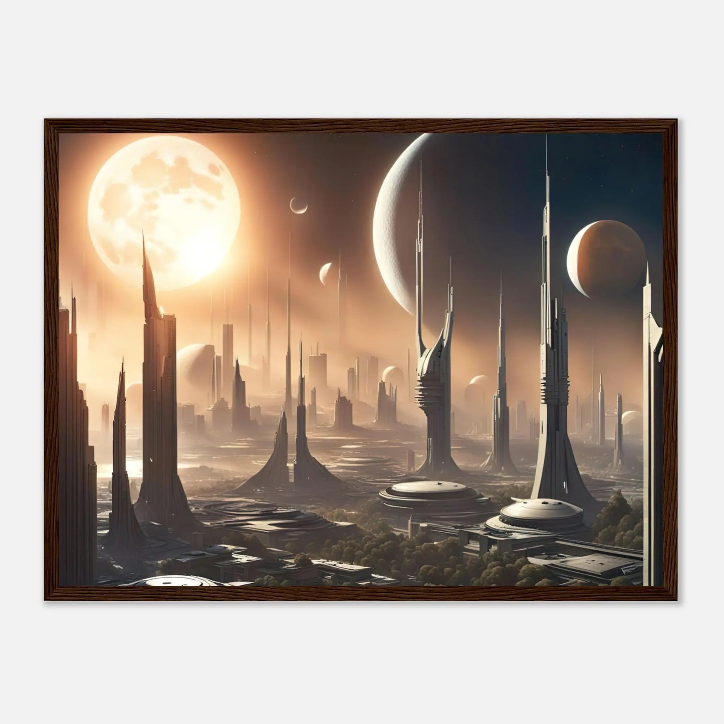 Gerahmtes Premium-Poster -Futuristische Welt- Digitaler Stil, KI-Kunst - RolConArt, Sci-Fi, 45x60-cm-18x24-Dunkler-Holzrahmen