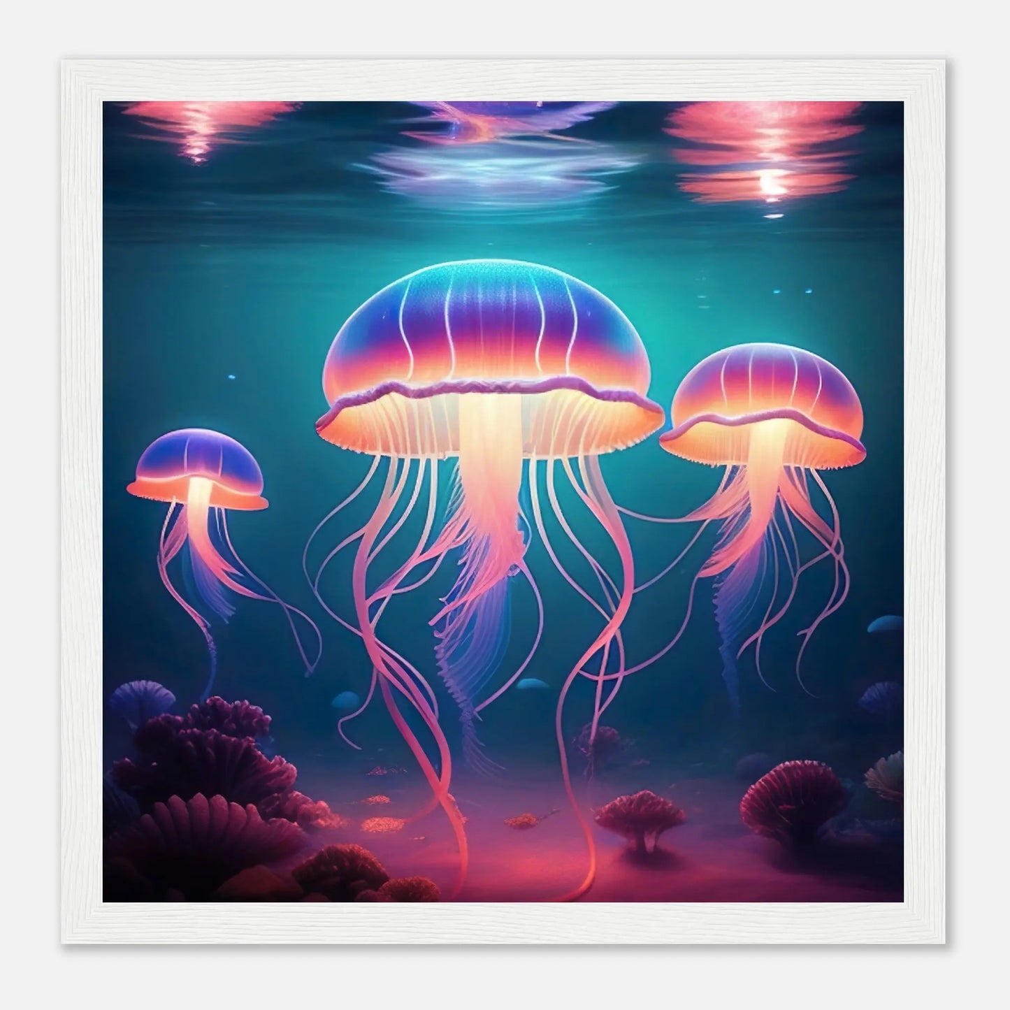 Gerahmtes Premium-Poster - Quallen - Digitaler Stil, KI-Kunst - RolConArt, Unterwasserlandschaften, 30x30-cm-12x12-Weißer-Rahmen