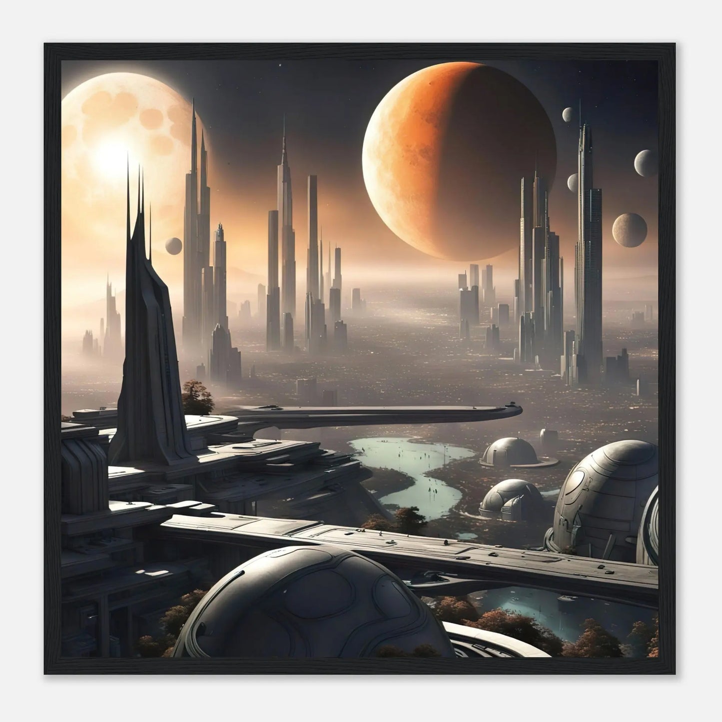 Gerahmtes Premium-Poster -Futuristische Welt- Digitaler Stil, KI-Kunst - RolConArt, Sci-Fi, 50x50-cm-20x20-Schwarzer-Rahmen