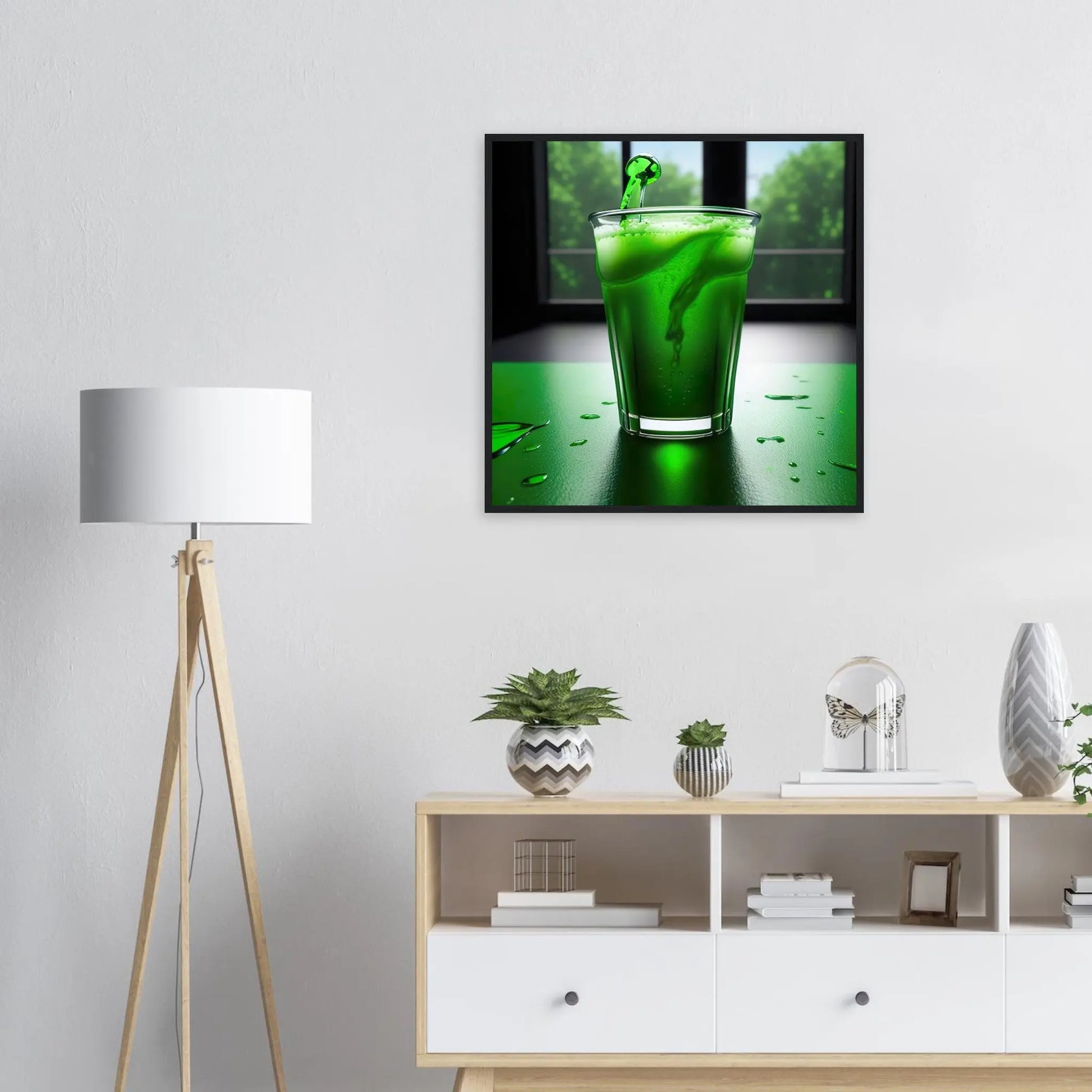 Gerahmtes Premium-Poster - Glas mit grünem Trank - Foto Stil, KI-Kunst - RolConArt, Kreative Vielfalt,