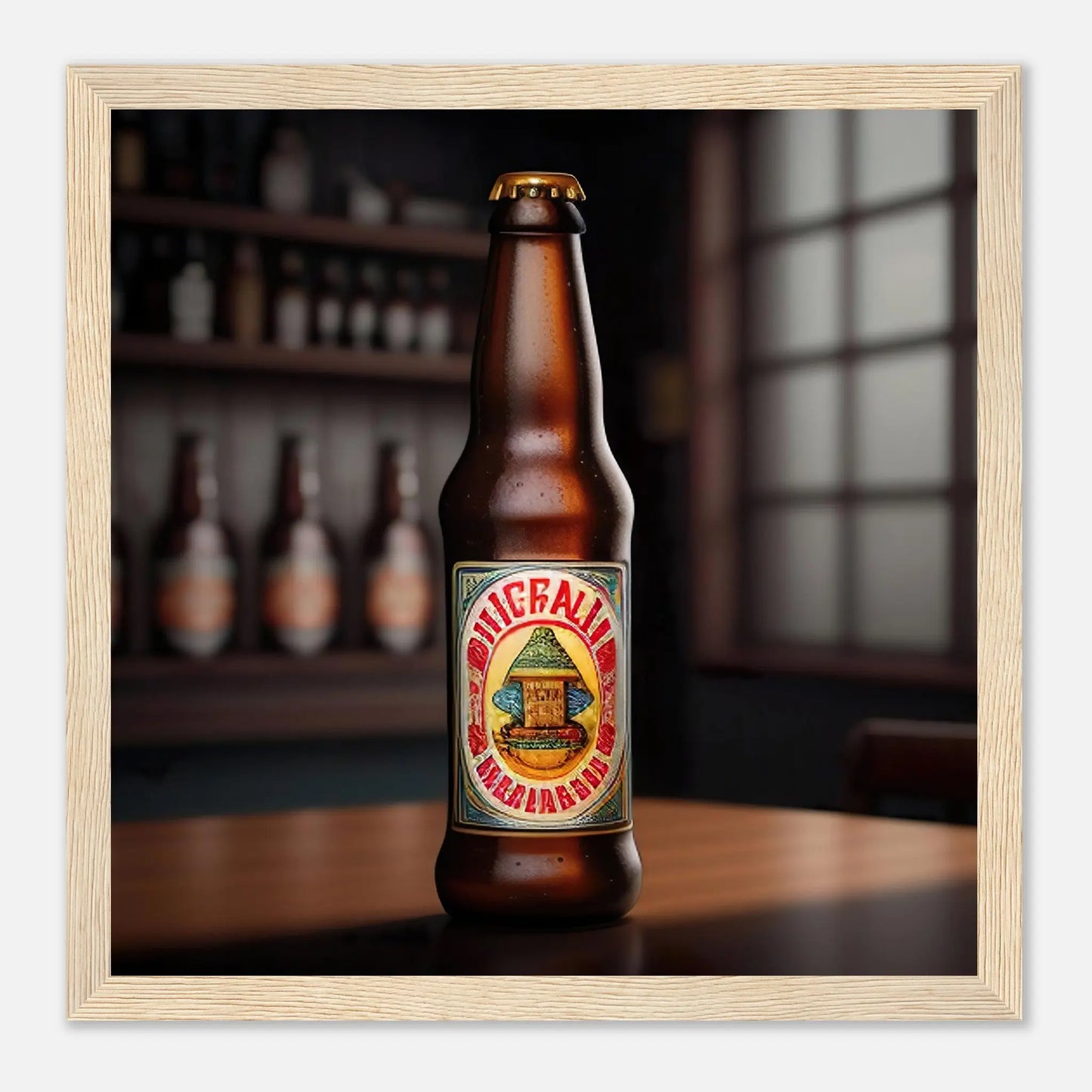 Gerahmtes Premium-Poster - Bierflasche - Foto Stil, KI-Kunst - RolConArt, Kreative Vielfalt, 30x30-cm-12x12-Holzrahmen
